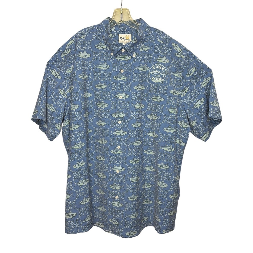 Reyn Spooner Mens 2XL Blue Tuna Club Fish Print Short Sleeve Button Down Shirt